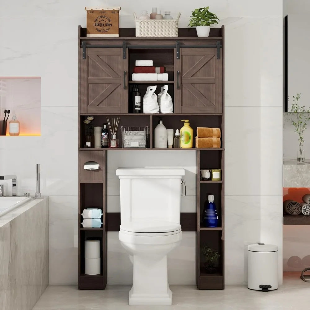 Farmhouse Over Toilet Storage Cabinet with Sliding Doors, Space-Saving Bathroom Shelf, Espresso