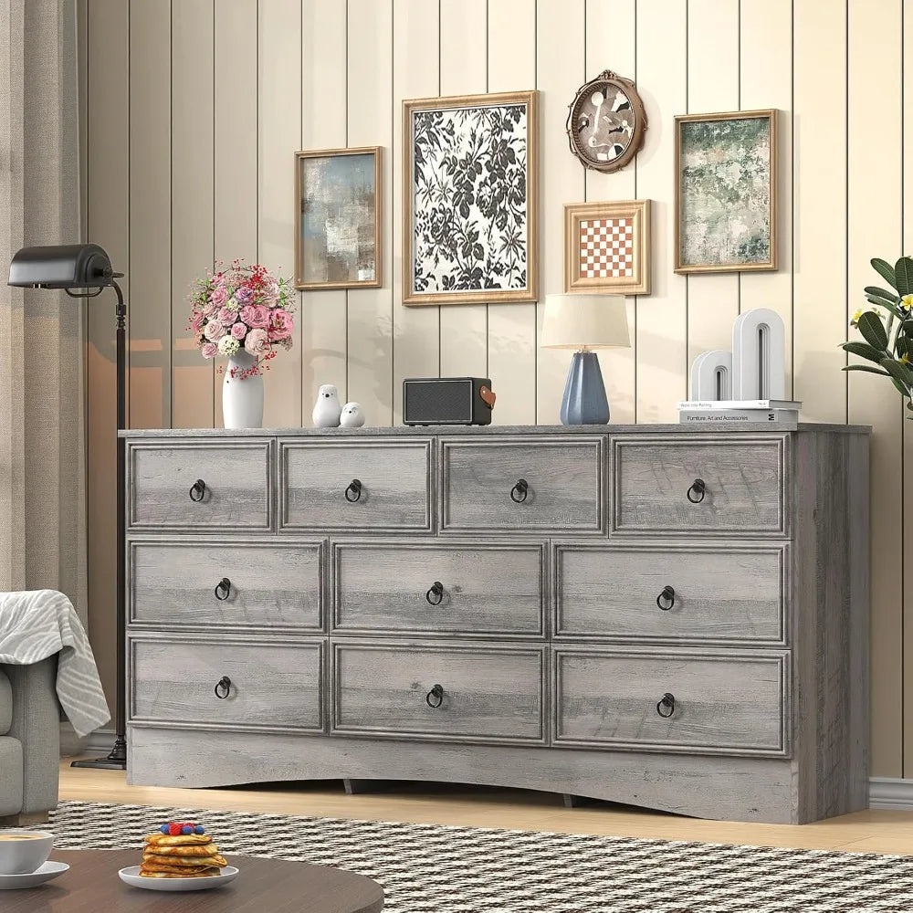 63"W 10 Drawer Dresser for Bedroom, Grey Long Chest, Easy Pulls, Taupe