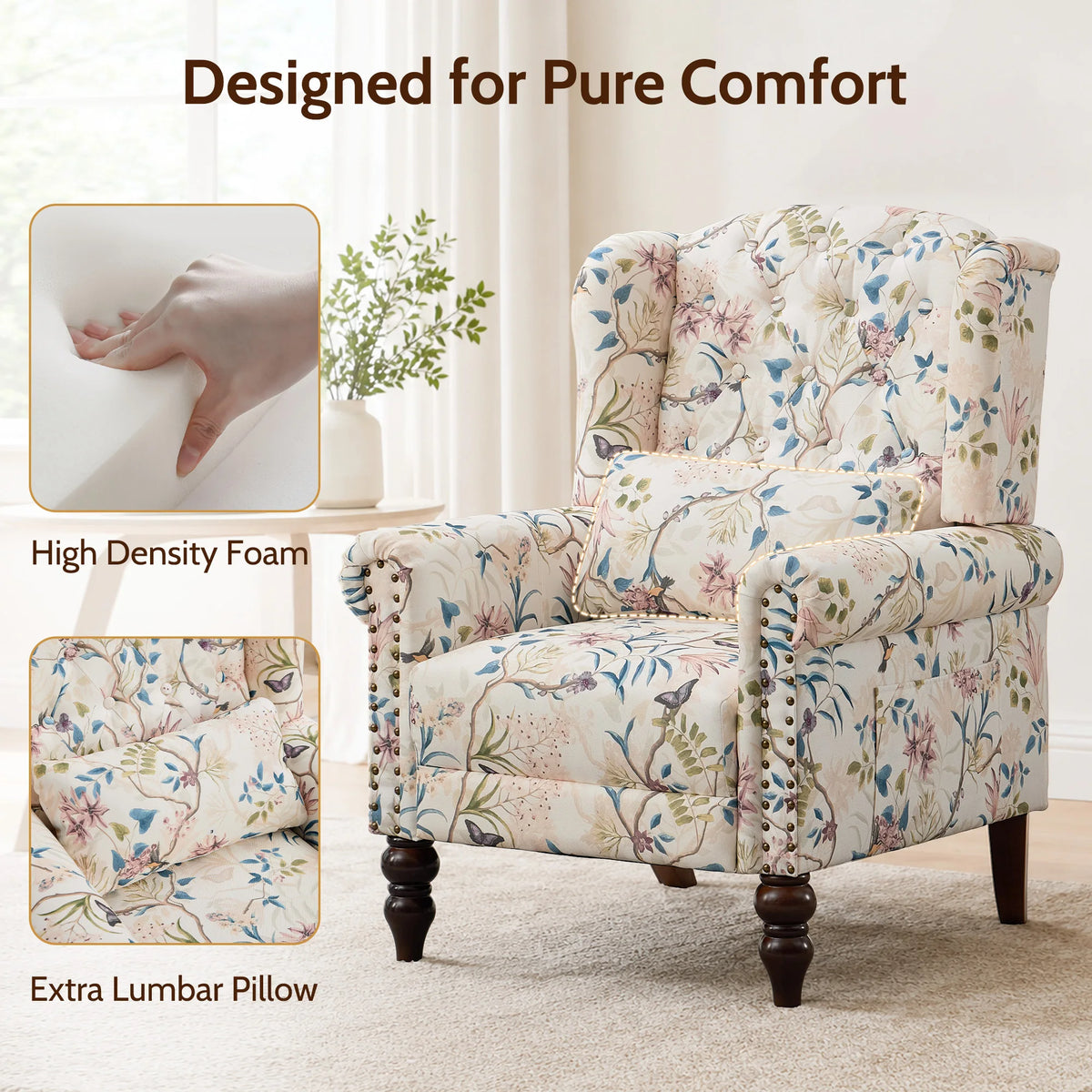 TCGBKAF Vintage Floral Wingback Club Accent Chair With Arms