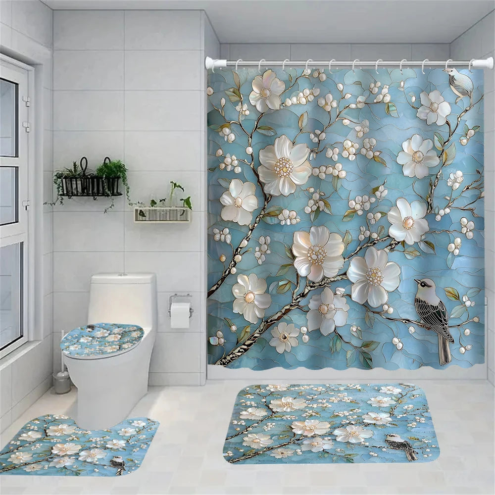 Flower Bird Shower Curtain Set With Carpet And Toilet Seat