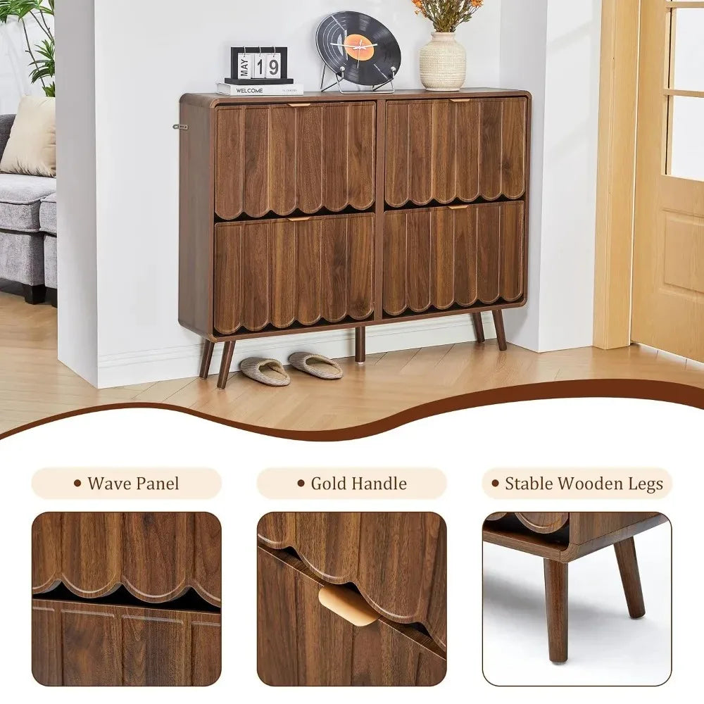 Narrow Freestanding Wood Shoe Storage Cabinet,Wave Panel & 4 Flip Drawers For Entryway, Custom