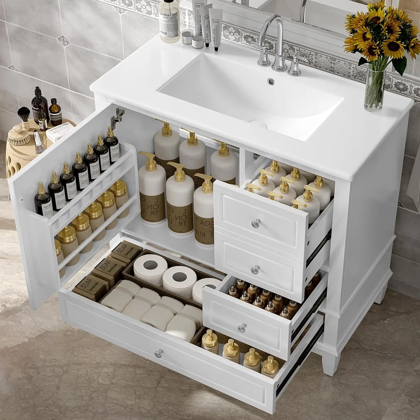Free Standing Bathroom Vanity With Ceramic Sink And Wood Cabinet