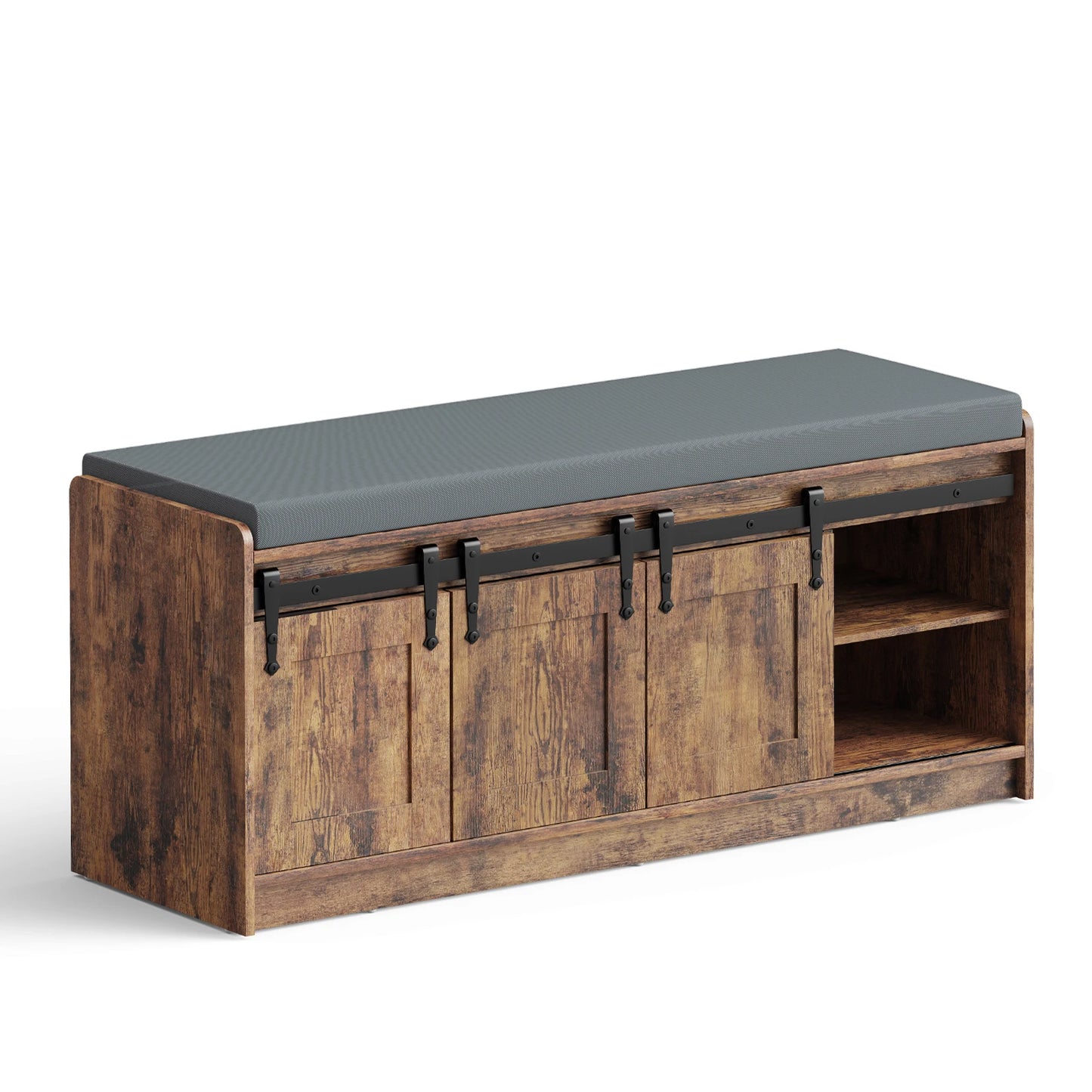 TinyNest Shoe Storage Benches With Linen Seat Cushion, 41.7 inch Farmhouse Entryway Bench, Shoe Rack Cabinet Bench Organizer With Adjustable Shelf & Sliding Door for Entryway, Hallway, Living Room, Bedroom End of Bed, Rustic