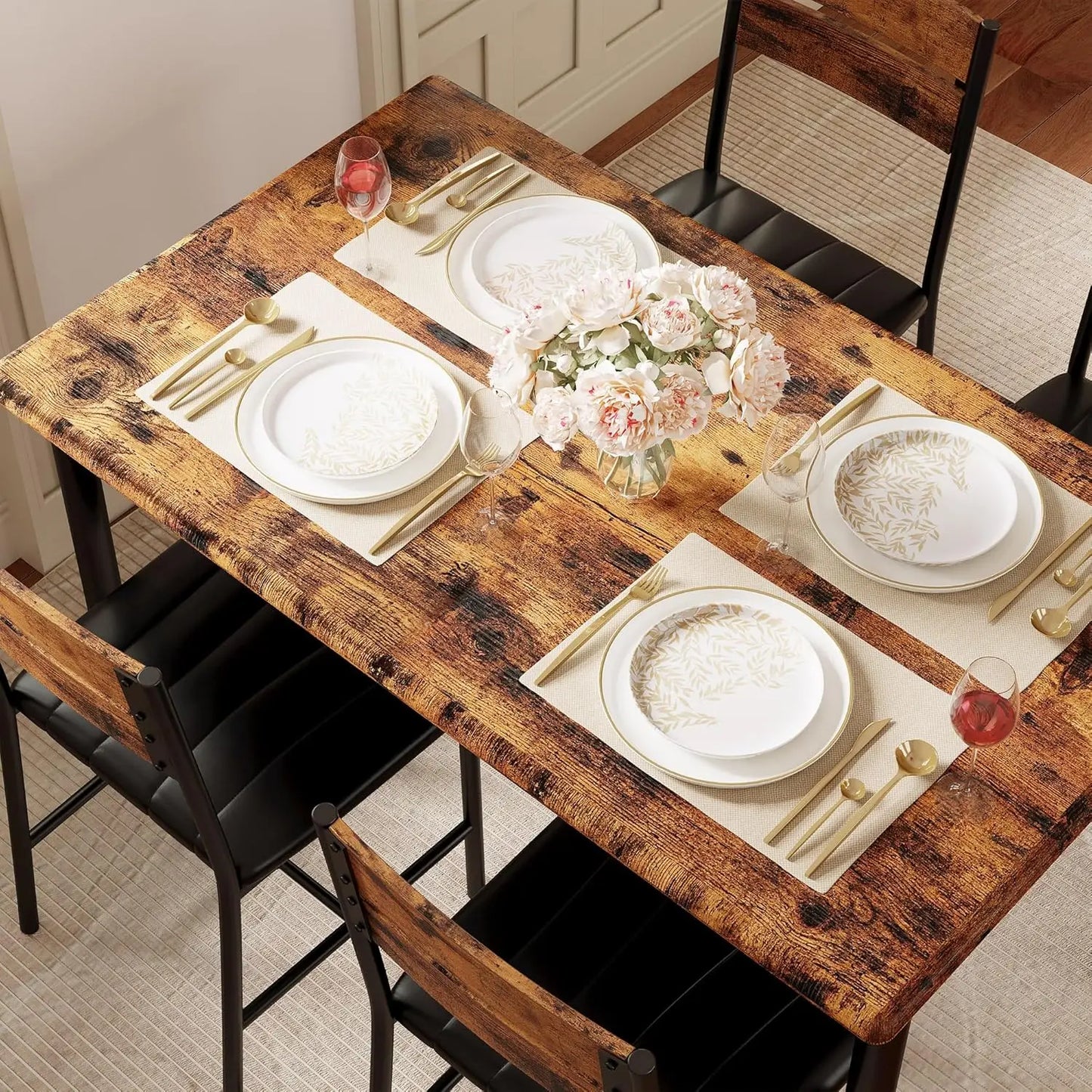 Dining Table Set For Four In Wood With Upholstered Chairs