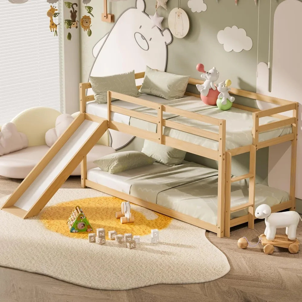 Low Bunk Bed with Slide, Twin Loft Bed with Ladder, Wood Frame for Kids