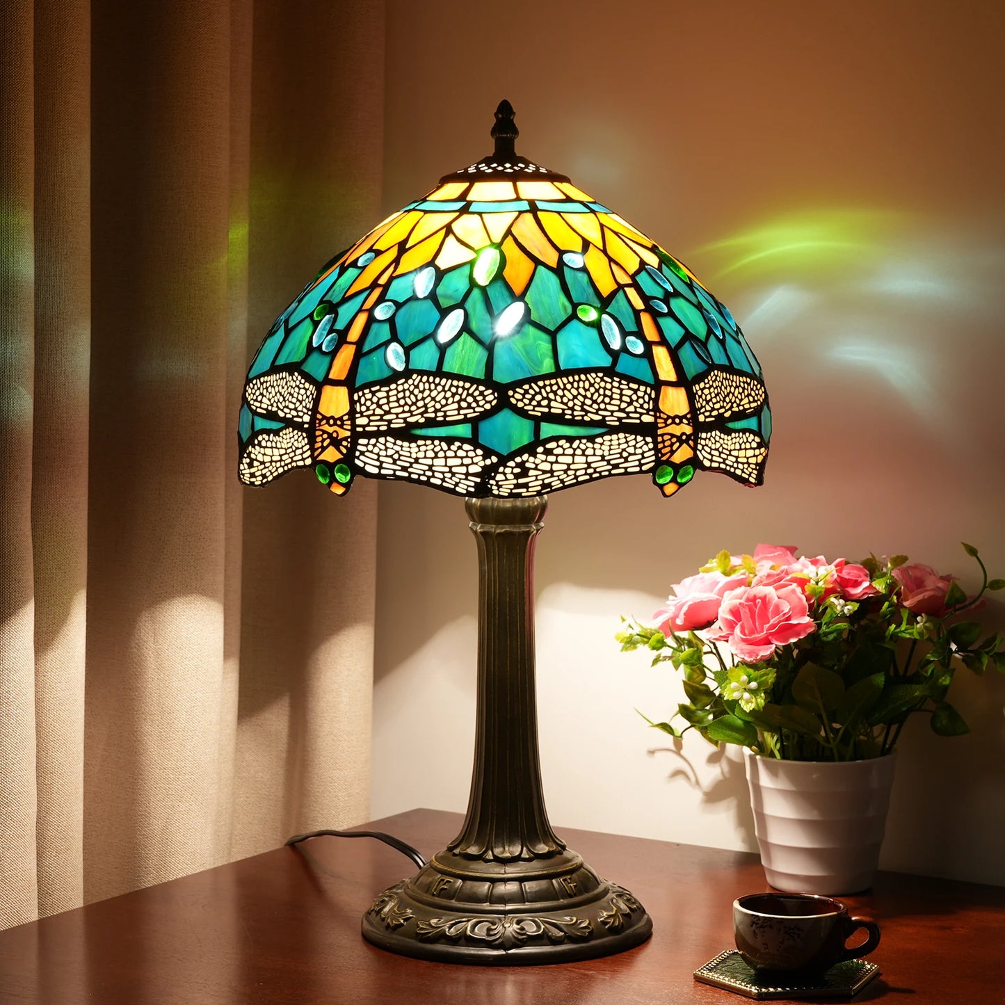 Dragonfly Stained Glass Table Lamp Retro Desk Reading Light Decor