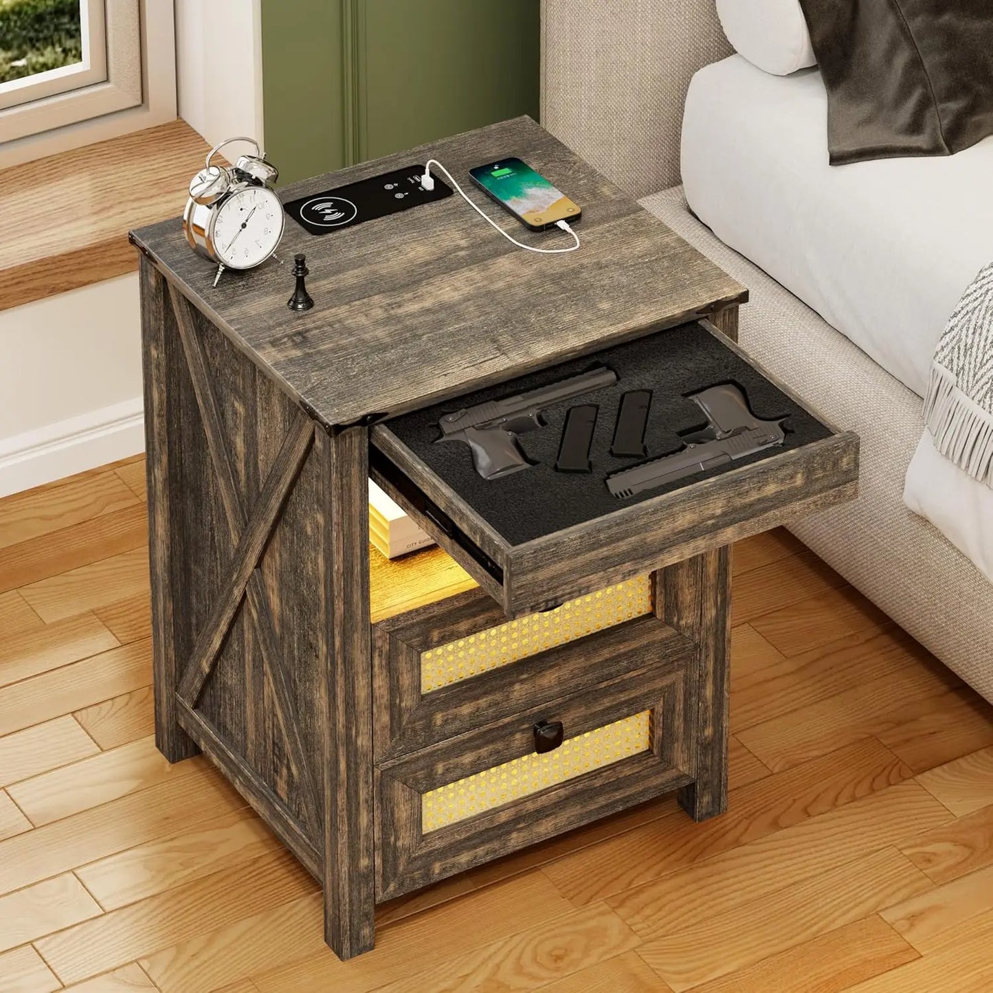 Farmhouse Night Stand With Gun Drawer And Charger Station