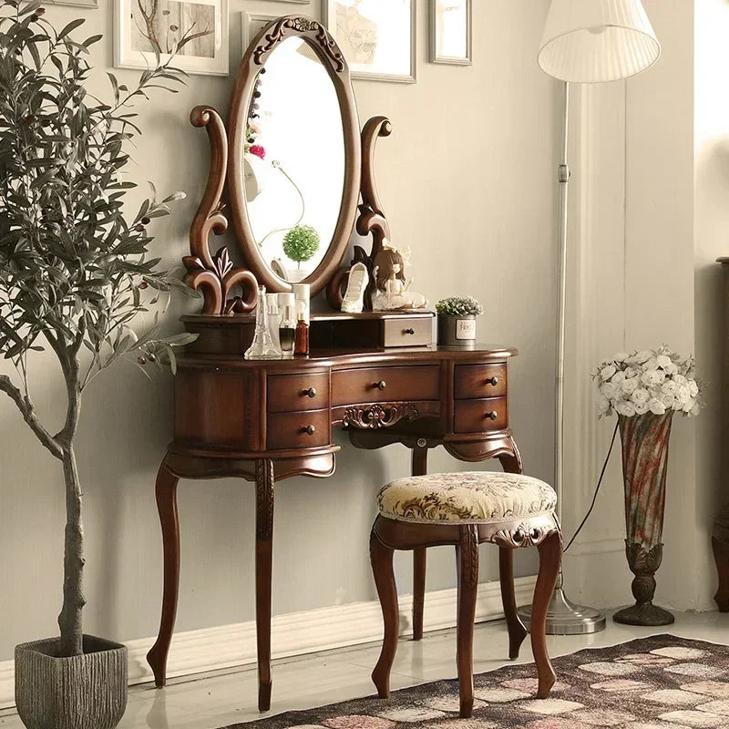 Mirror Table Bedroom European Solid Wood Dresser Amercia Princess Furniture Dark Villa Luxury Carved Makeup Table Dressing Table