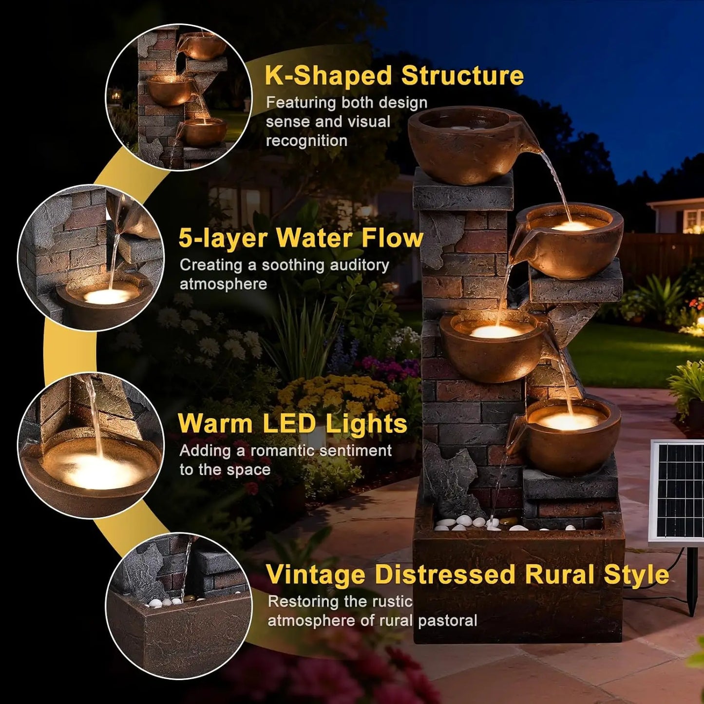Five Tier Solar Outdoor Water Fountain With Led Lights