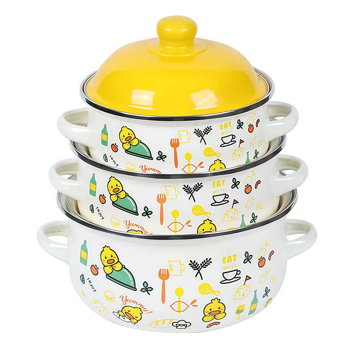 Three Piece Vintage Enamel Stock Pot Set With Lids