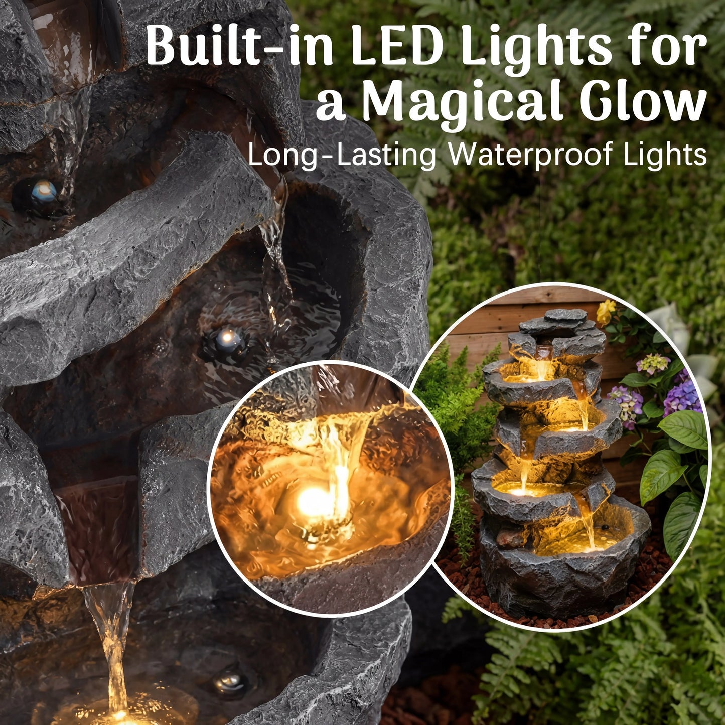 5-Tier Cascading Rock Water Fountain with LED Lights, 15''L x 11.8''W x 22''H, Outdoor Garden Waterfall Feature for Patio, Backyard & Lawn Decor