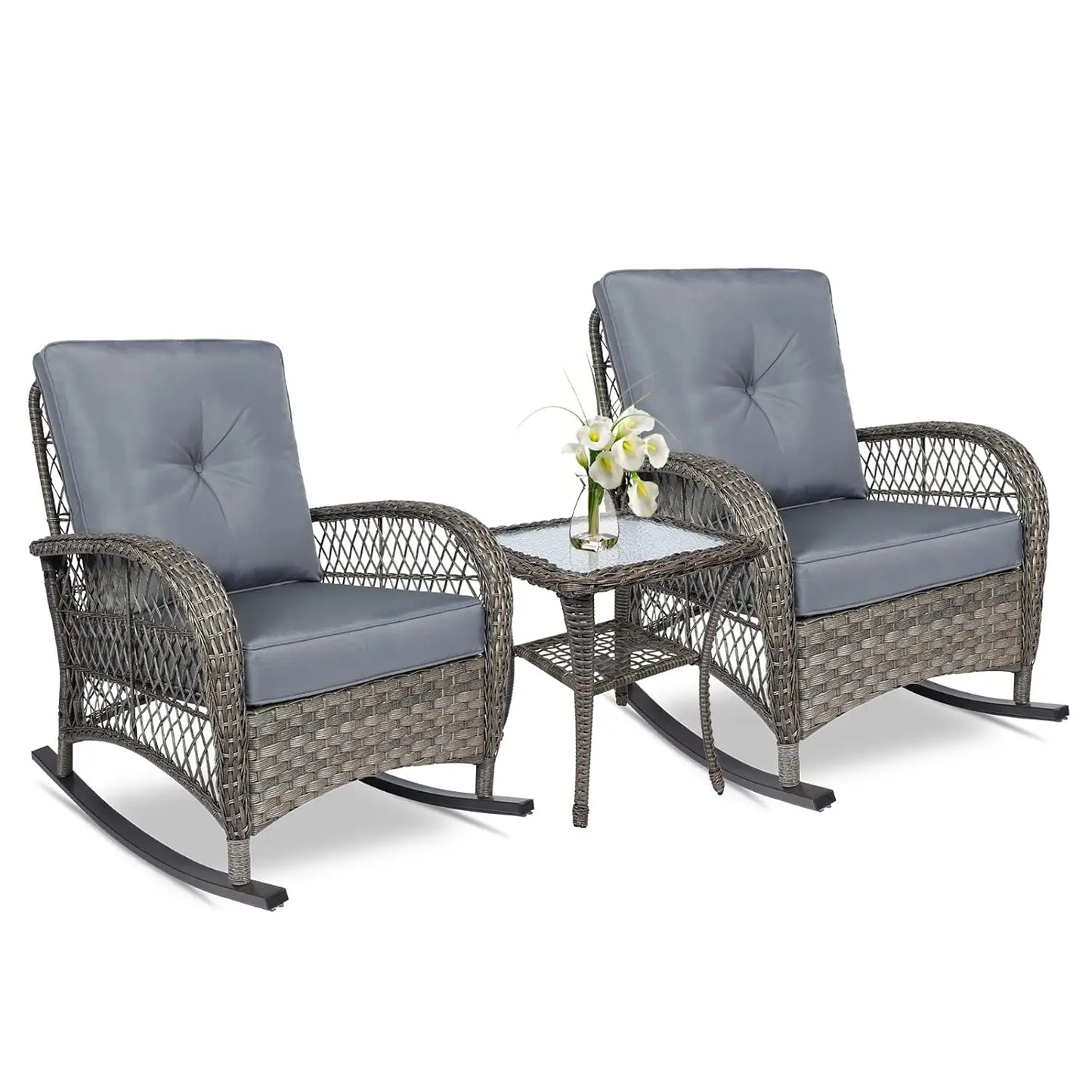 Outdoor Wicker Rocking Bistro Set Cushioned Chairs Glass Top Table