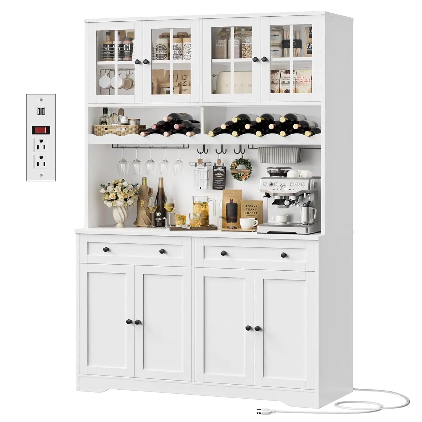 75.4" Tall Kitchen Pantry Cabinet with Charging Station, Modern White Kitchen Hutch with Microwave Stand and Wine, Customized