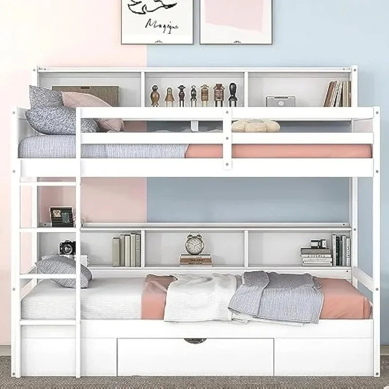 Twin over Twin Bunk Bed with Storage Drawer, Solid Wood Construction, Built-in Shelves on Each Side
