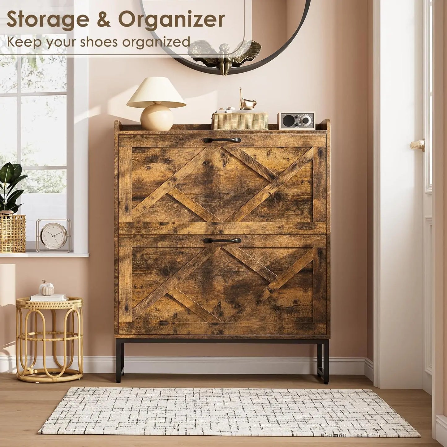 Shoe Cabinet Organizer with 2 Flip Drawers, Narrow Rack with Metal Legs, Slim Storage for Entryway, Foyer, Hallway, Rustic Brown