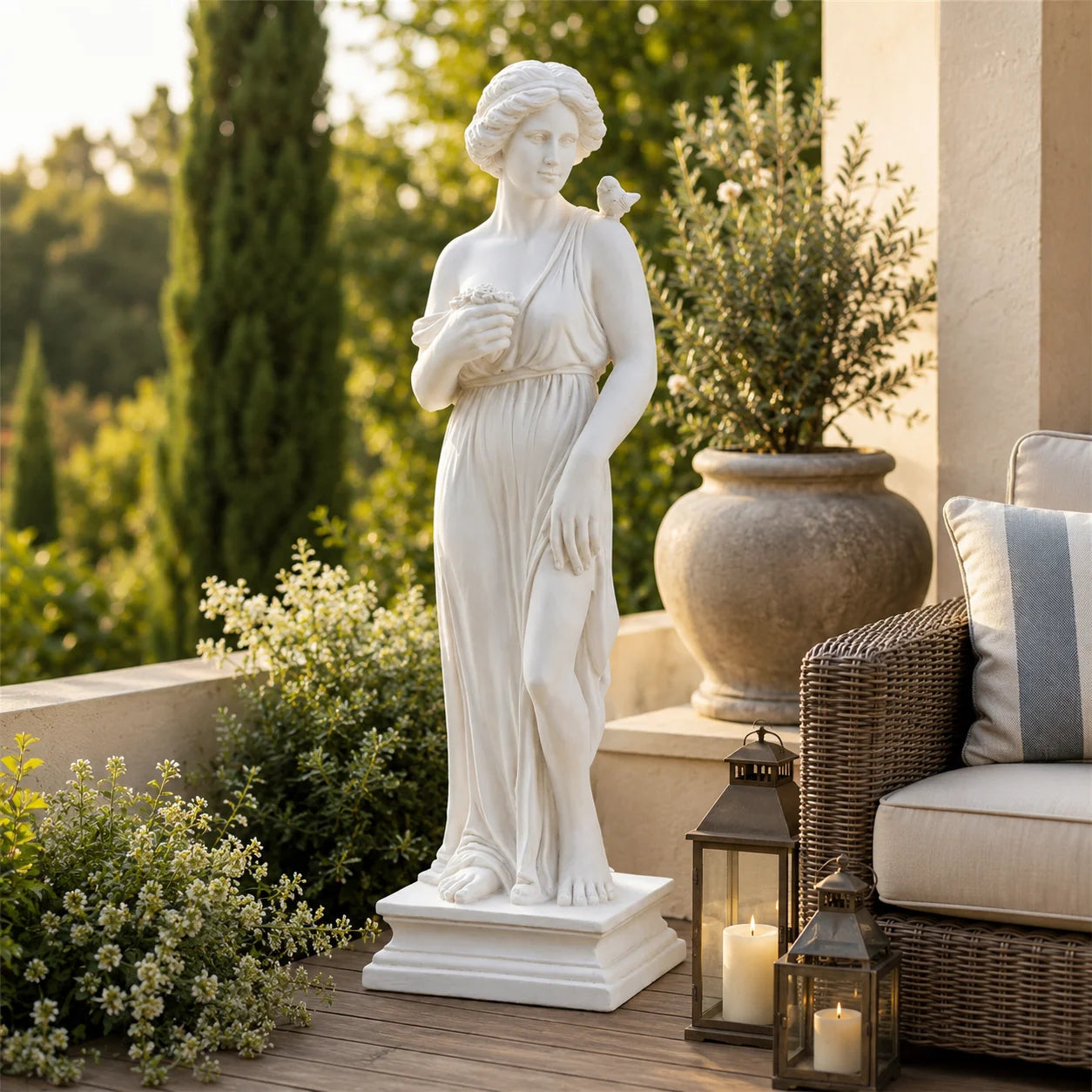 31.5 Inch Tall Greek Goddess Garden Statue, All Weather MgO Outdoor Sculpture with Handcrafted Aged Stone Finish, Floral Bouquet Bird Detail Greek Column Base, Paintable Fade Crack Resistant Mythological Yard Art for Lawn Pat