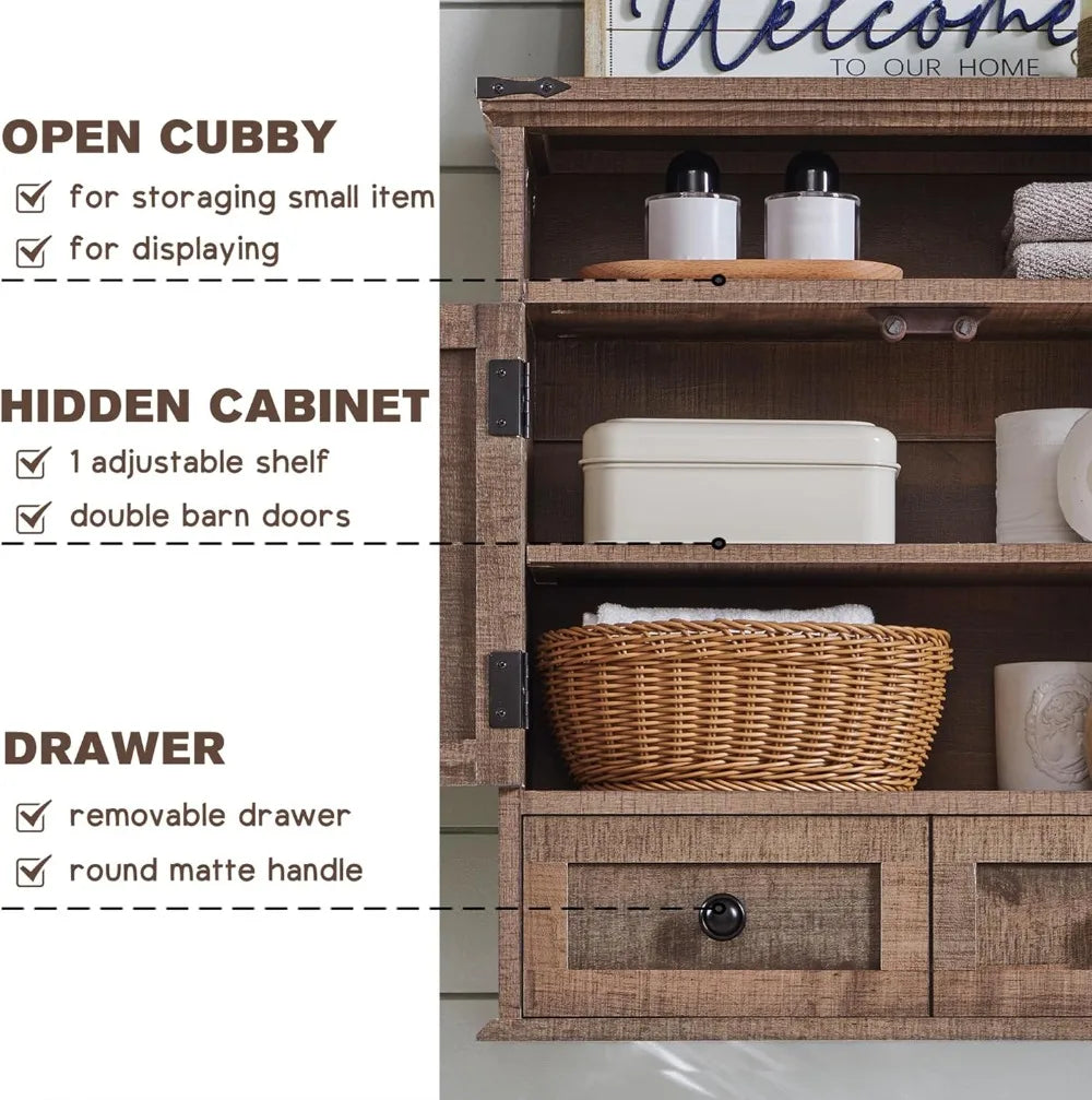 Farmhouse Wall Cabinet With Drawer Adjustable Shelf Double Barn Doors