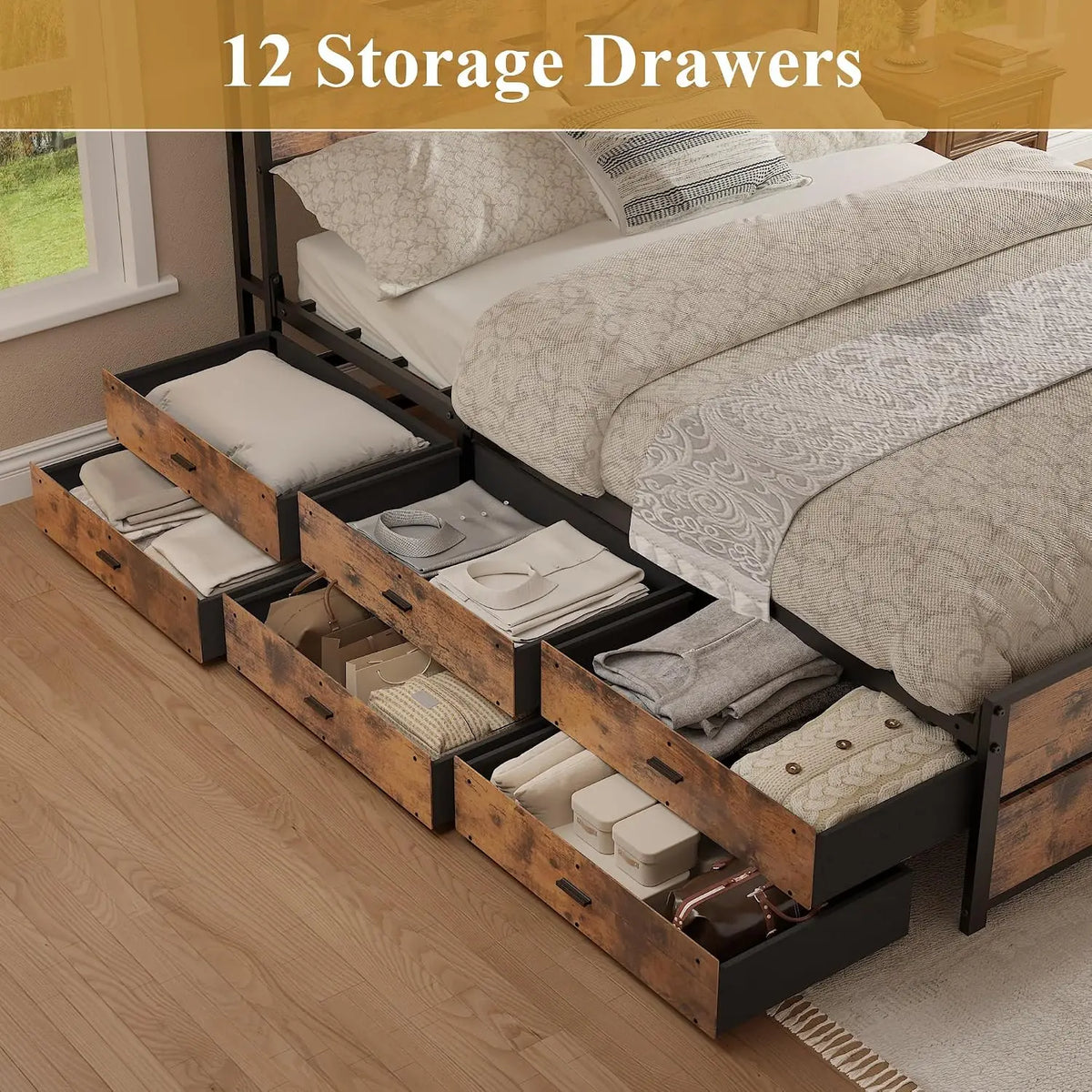 Wooden Platform Bed Frame With Storage Drawers And Charging Station