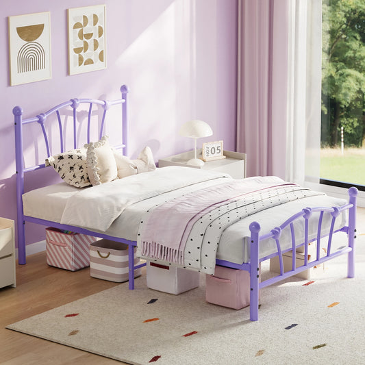 Heart-Shaped Headboard & Footboard Metal Platform Bed Frame - Heavy-Duty Steel Slat Support, Quiet & No Box Spring Needed, Underbed Storage - Ivory White, Twin