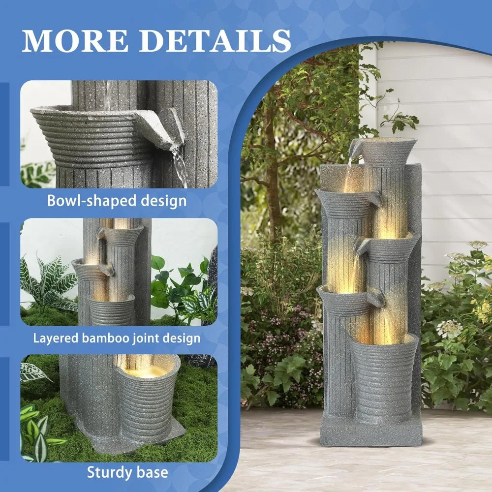 5-Tiers Outdoor Garden Water Fountain with Cascading Rock, Fountains and Waterfalls w/LED,