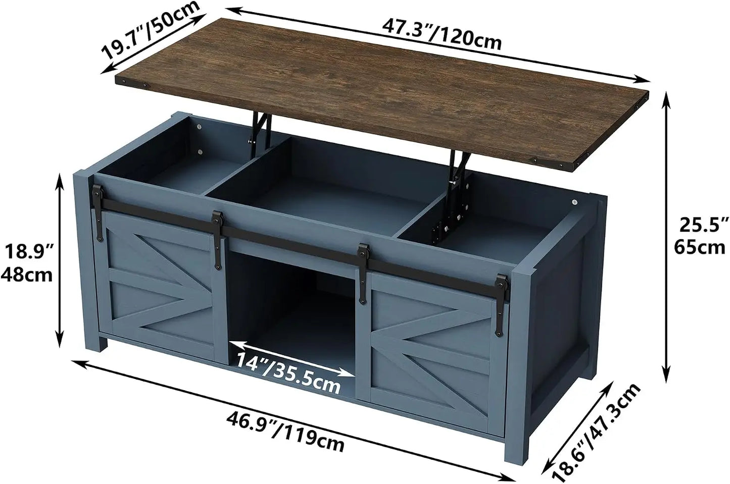 Furnihold Lift Top Coffee Table, 47.3'' Farmhouse Coffee Table with Large Hidden Storage Compartment & Sliding Barn Doors, Wood