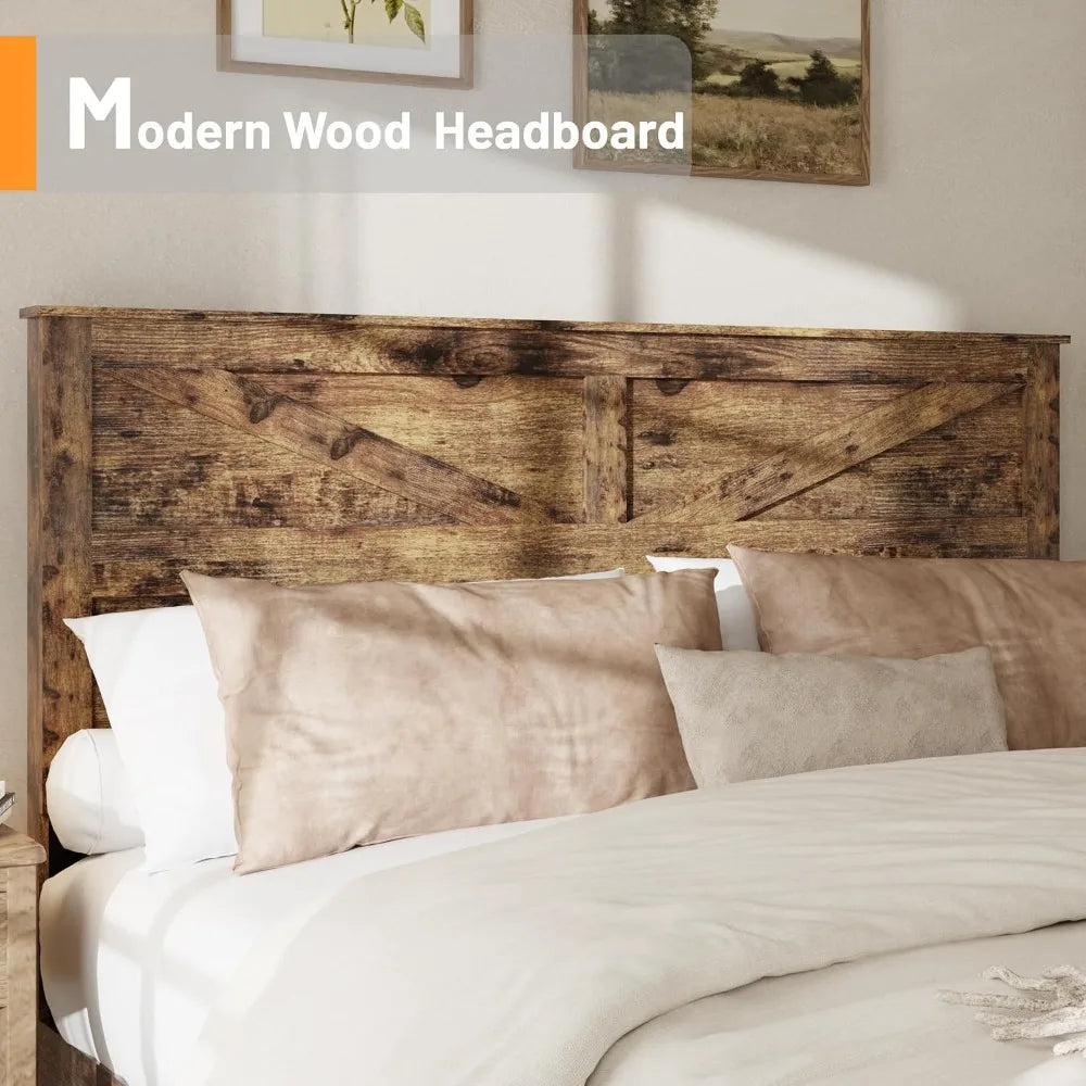 King Size Bed Frame with Barn Door Headboard, Wooden Platform, Metal Slats, Easy Assembly, Rustic Brown