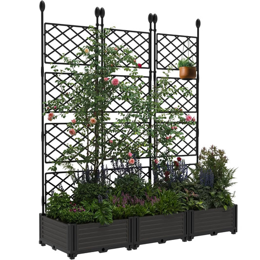 Outdoor Raised Planter Box Set With Trellis For Climbing Plants