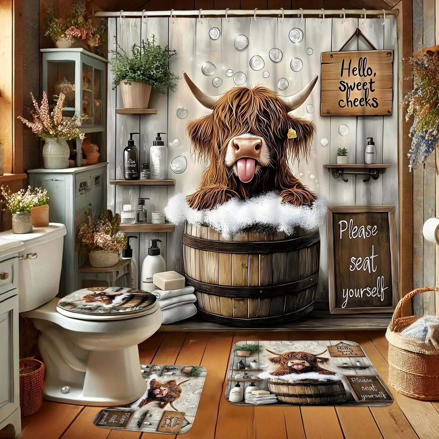 Funny Highland Cow Shower Curtain Set Farmhouse Bathroom Decor