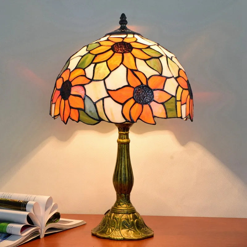 Mosaic Stained Glass Table Lamp Dragonfly Tulips Sunflowers Bedroom Home