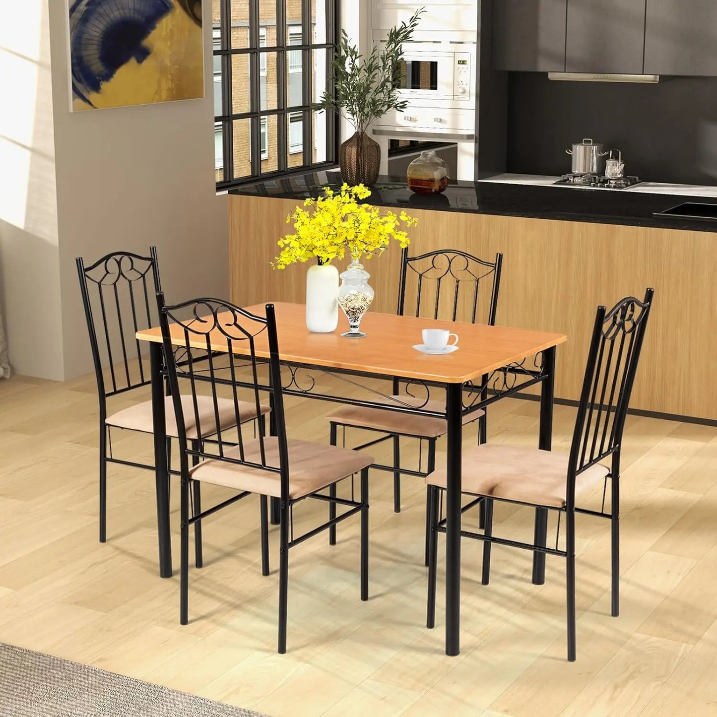Dining Table Set With Wood Top And Padded Chairs Collection