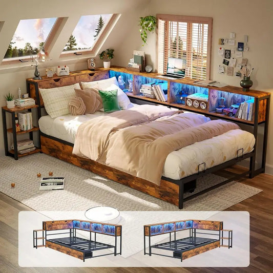 Twin Bed e with Storage Bookcase & Bede Rack, Twin Size Metal Platorm Bed e with 2 Ders, Twin Daybed with Led Lights & Charging