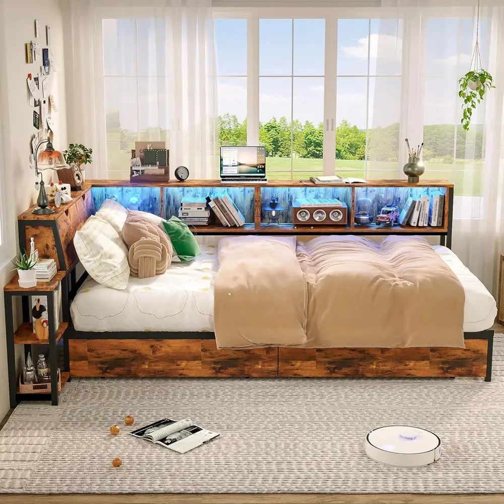 Twin Bed e with Storage Bookcase & Bede Rack, Twin Size Metal Platorm Bed e with 2 Ders, Twin Daybed with Led Lights & Charging