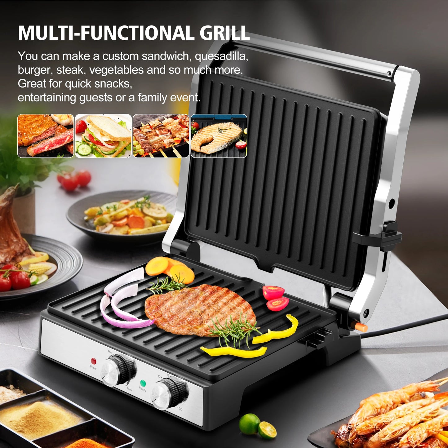 CACHOO 1600W Panini Press With Timer 180 Degree Opening