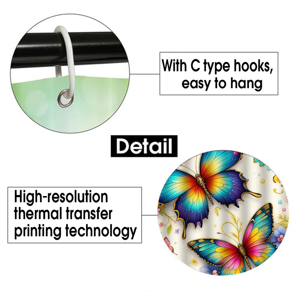 Butterfly Floral Shower Curtain Set With Hooks Waterproof