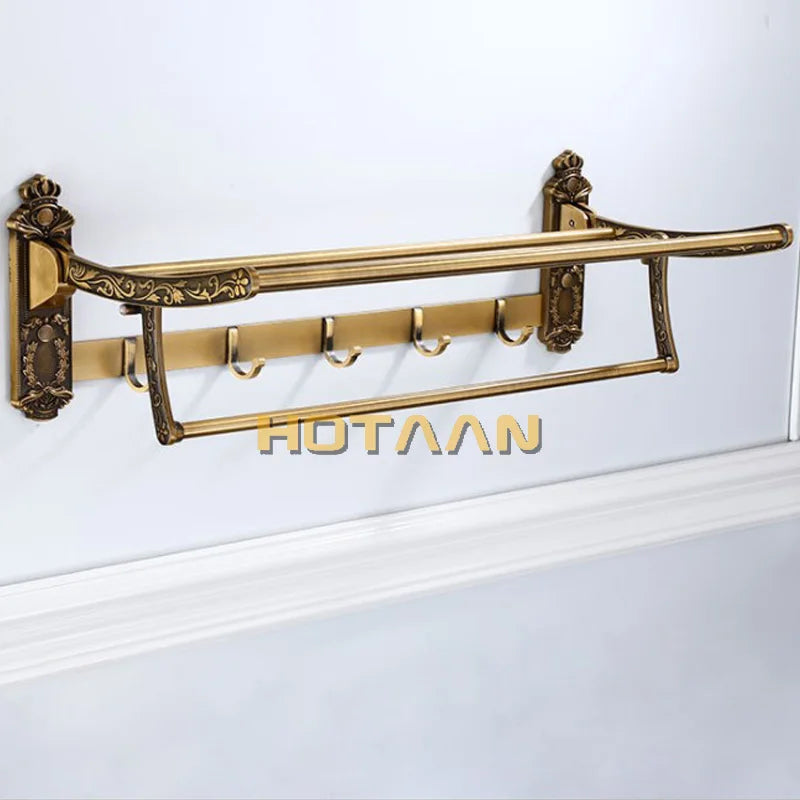 HOTAAN Aluminum Foldable Bath Towel Rack With Hooks and Shelf