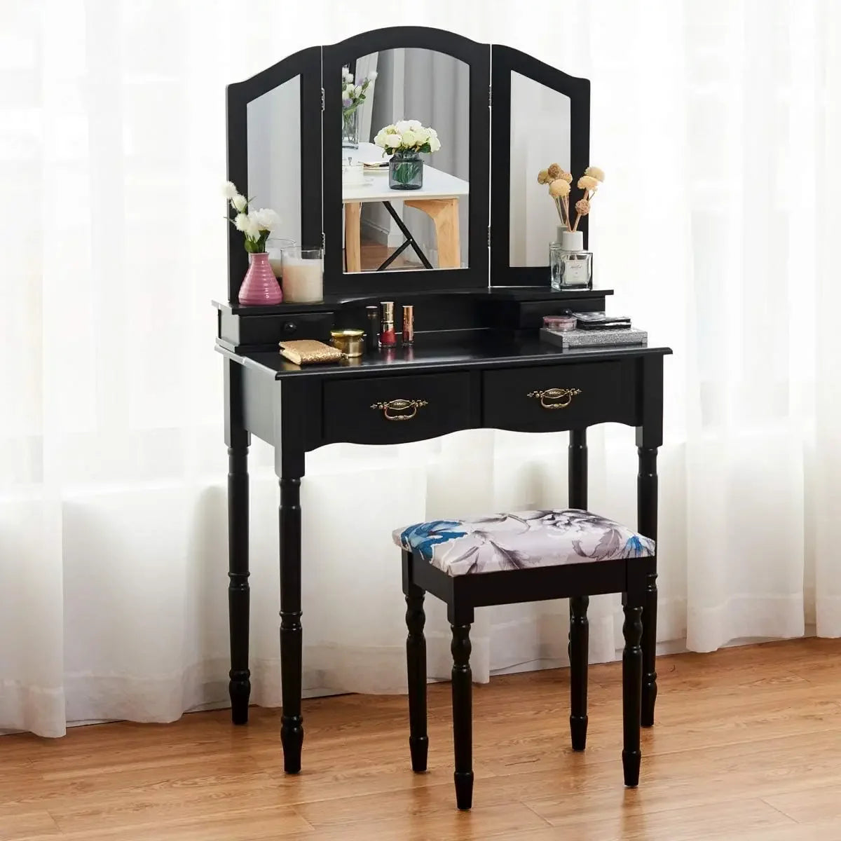 Vanity Table Set With Tri Folding Mirror And Four Drawers