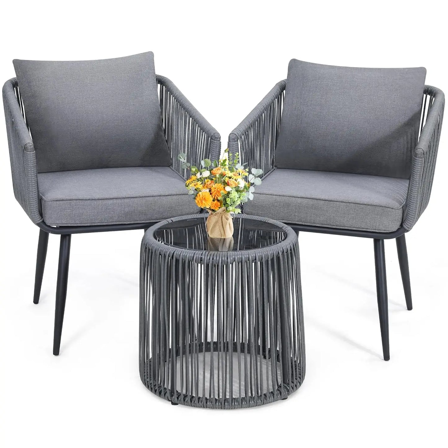4 Piece Patio Bistro Outdoor Furniture Set, Wicker Sofa, 2 Rattan Chairs, and Table, Backyard Conversation Set, All, Customized