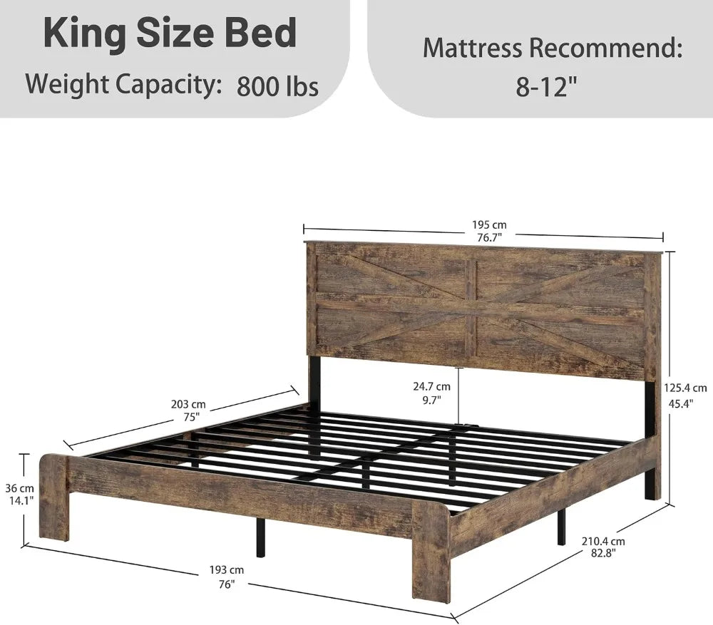 King Size Bed Frame with Barn Door Headboard, Wooden Platform, Metal Slats, Easy Assembly, Rustic Brown