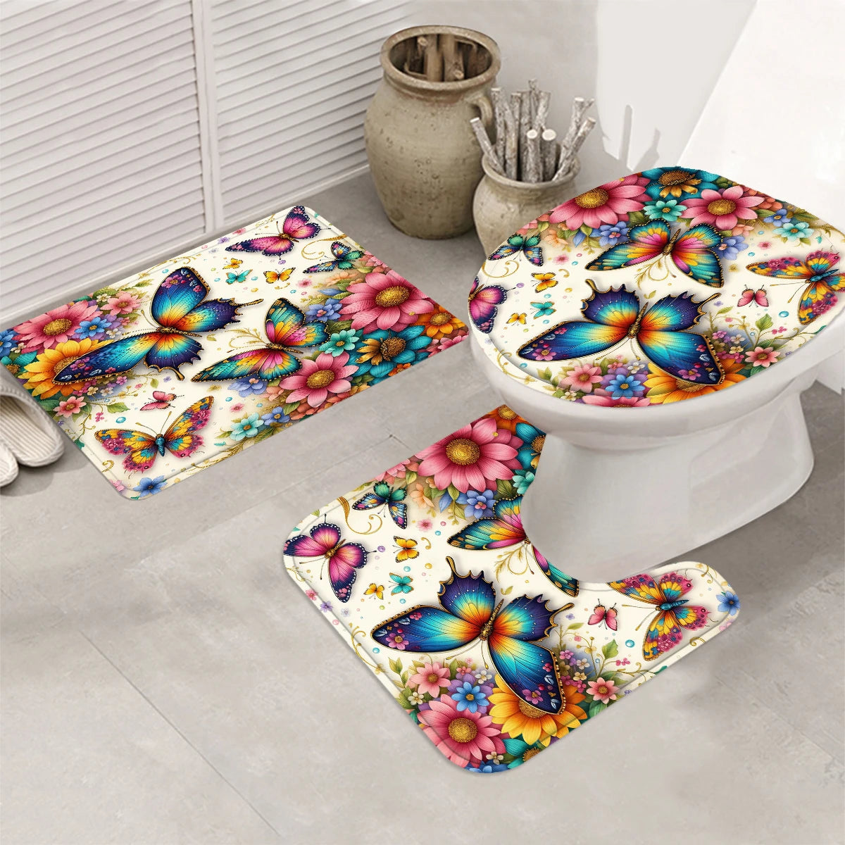 Butterfly Floral Shower Curtain Set With Hooks Waterproof