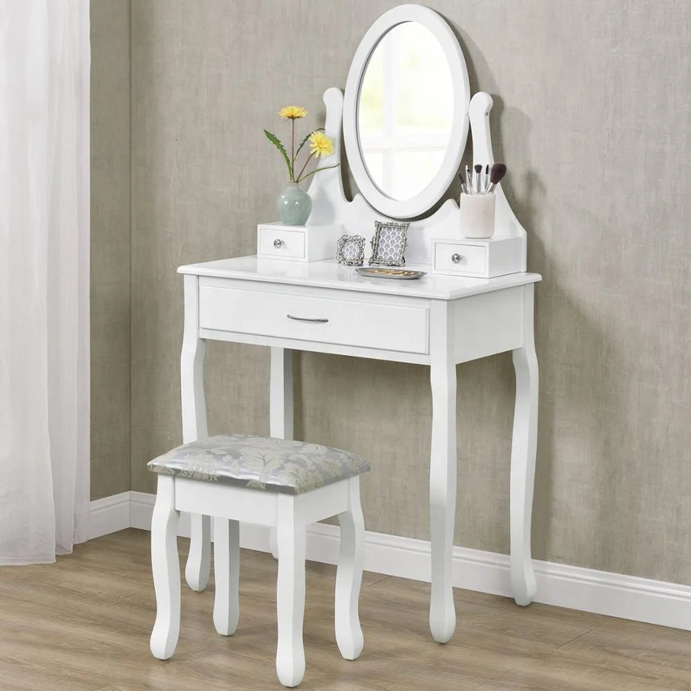Hot Sale Bedroom Minimalist Dressing Set with Oval Mirror and 3 Drawers Wooden Dressing Table