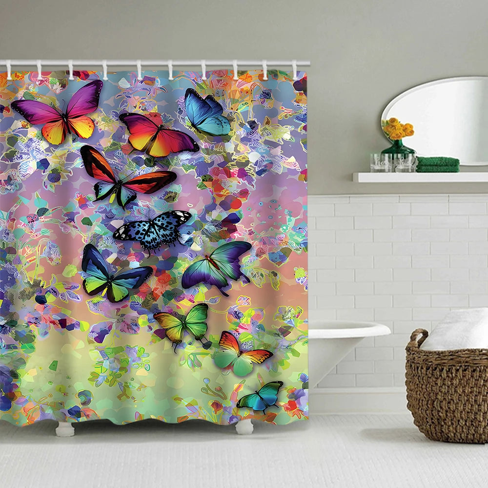 Colorful Butterfly Shower Curtain With Carpet And Toilet Lid