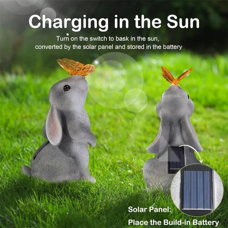 RTONTR Solar Bunny Statue With Butterfly LED Light Outdoor Decor