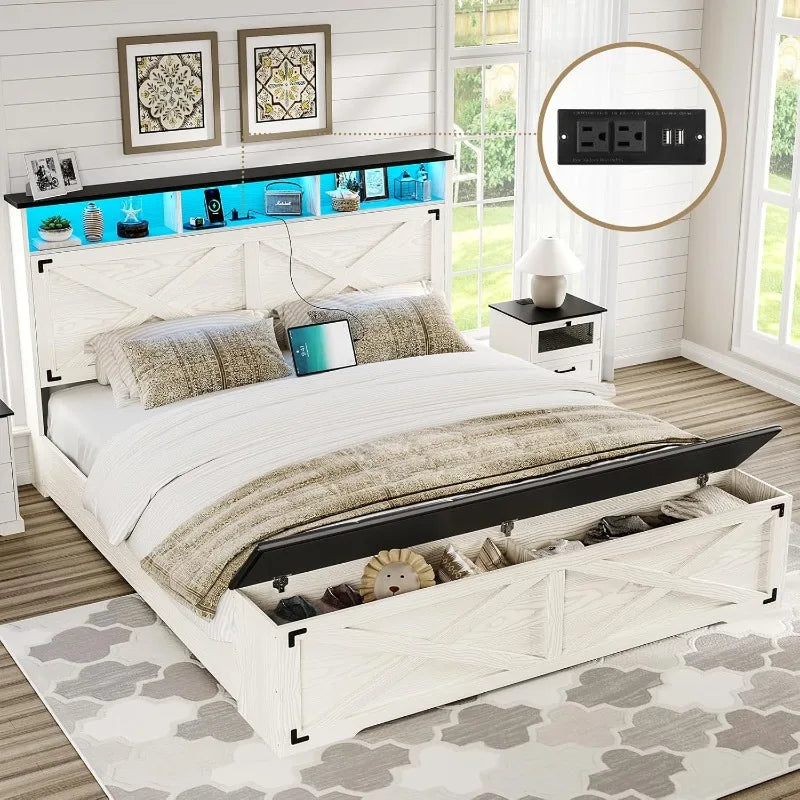 Farmhouse Queen Bed Frame with Storage Headboard, Charging Station and LED Lights Queen Size Platform Bed Frame with Stor