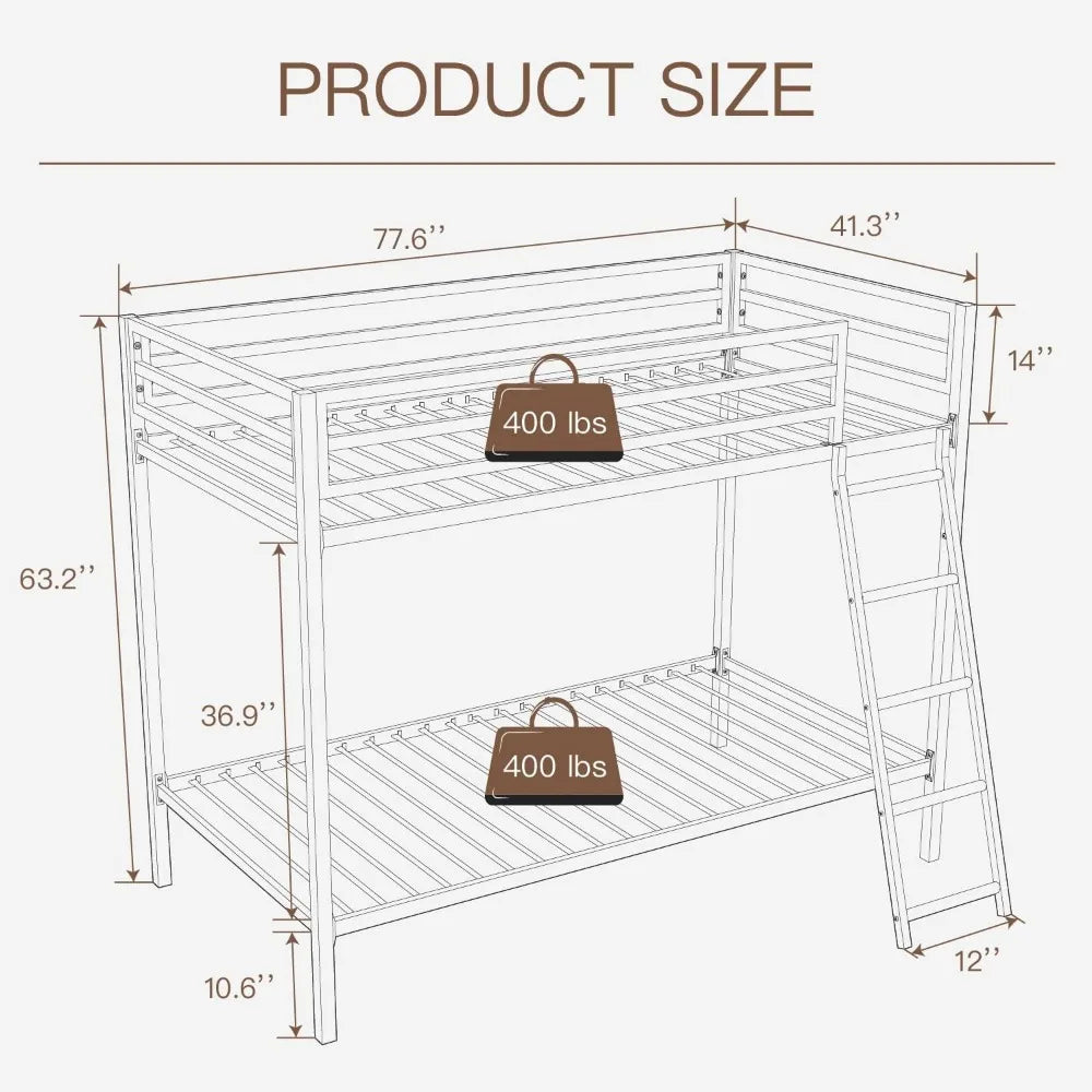 RBXC Metal Loft Bunk Bed Twin Over Twin With Guardrail