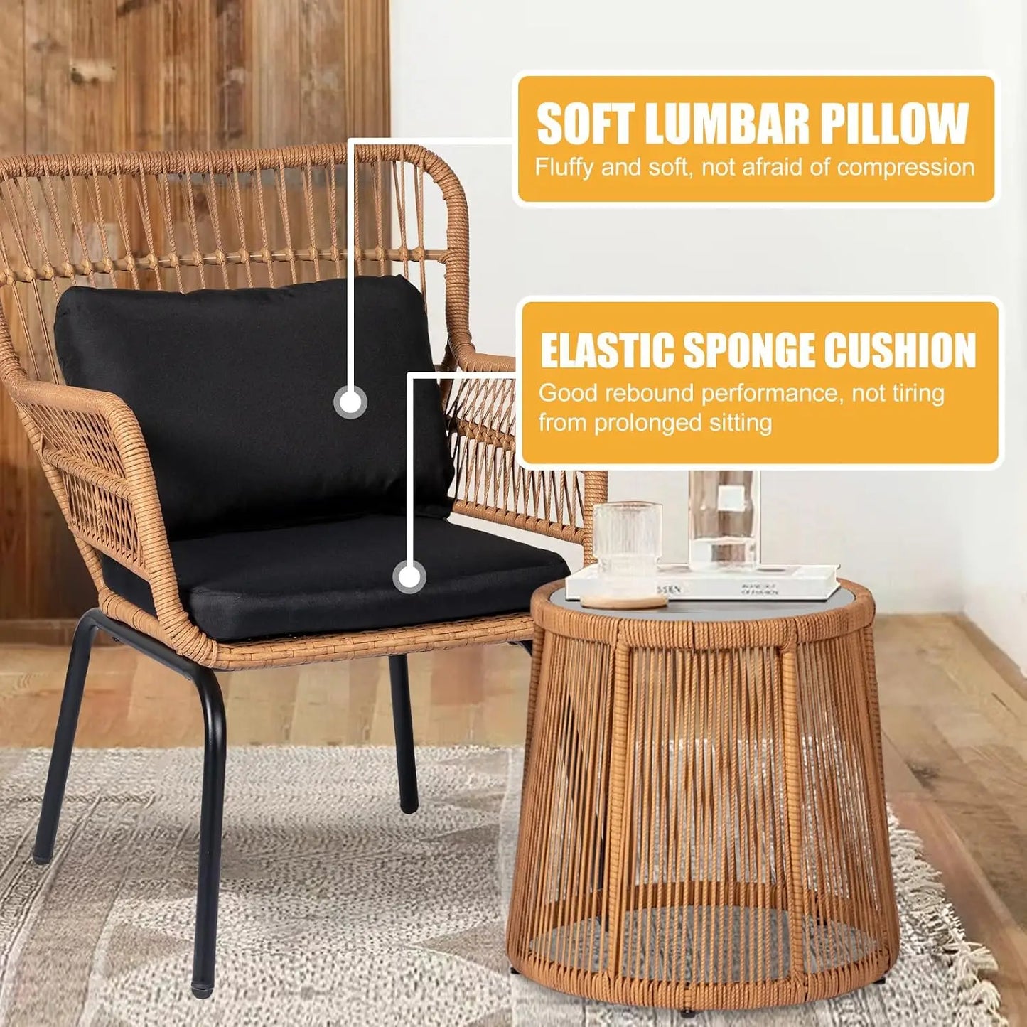 3 Pieces Outdoor Wicker Bistro Patio Furniture Set, Porch Furniture Rattan Conversation Sets with Side Table and Cushions
