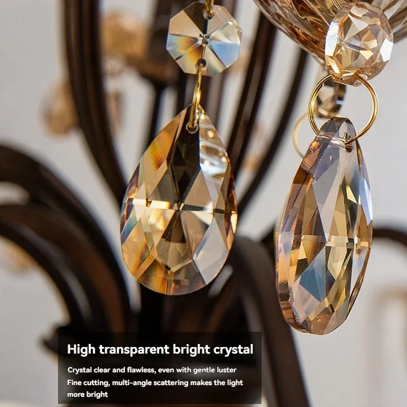 French Retro Candle Pendant Lights with Amber Crystal Vintage Brown Iron E14 Ceiling Chandelier for Living Room Kitchen Table