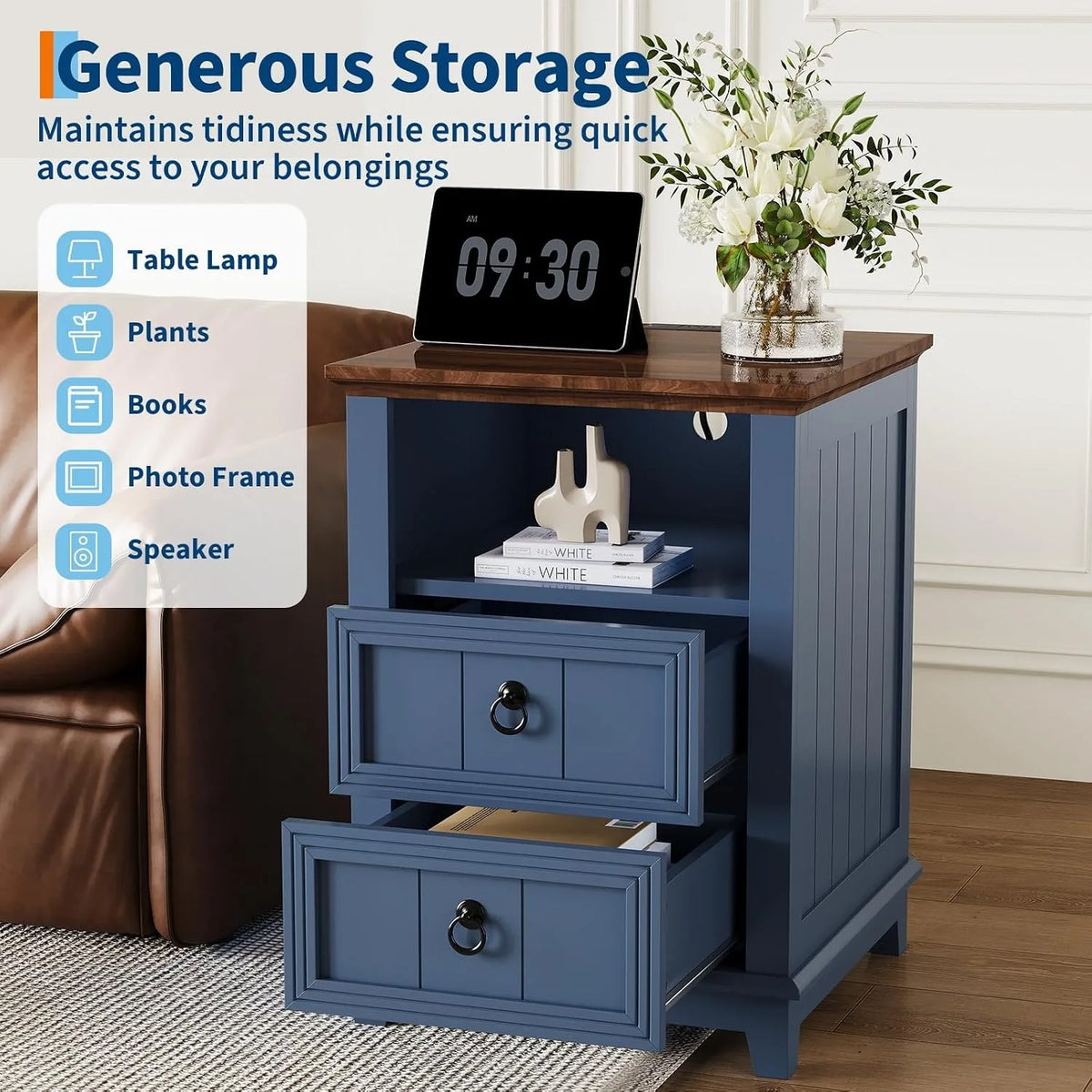 Modern Wood Nightstand With USB Charging Station And Two Drawers