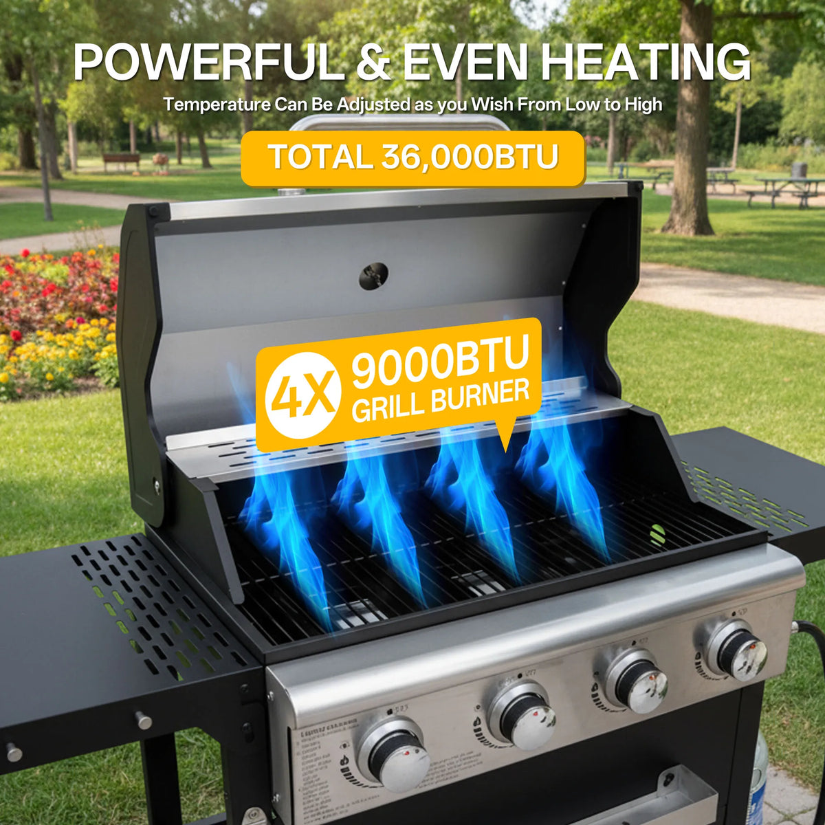 Outdoor Propane Gas Grill With Four Burners And Protective Cover