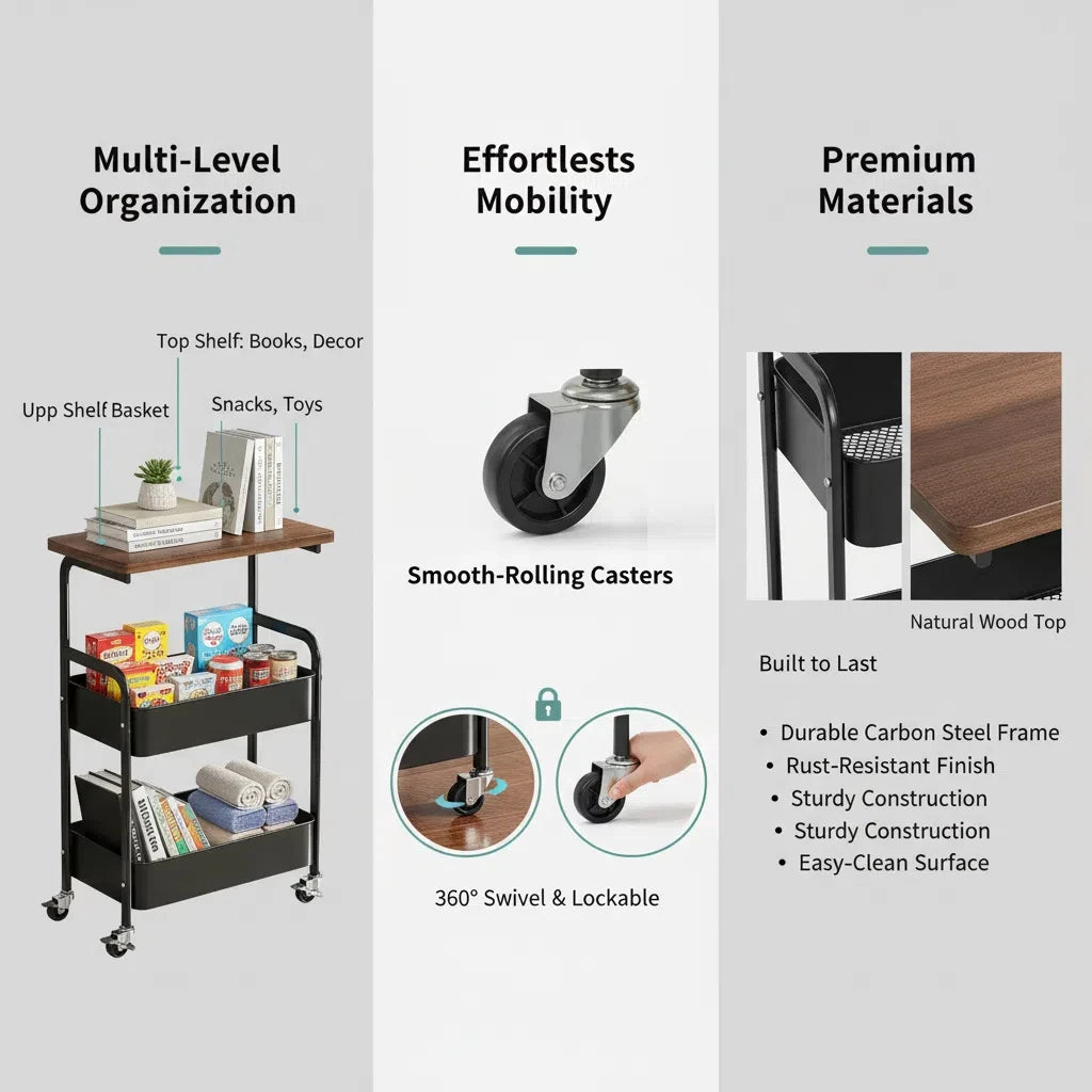 Heavy Duty Steel Rolling Storage Cart With Locking Wheels