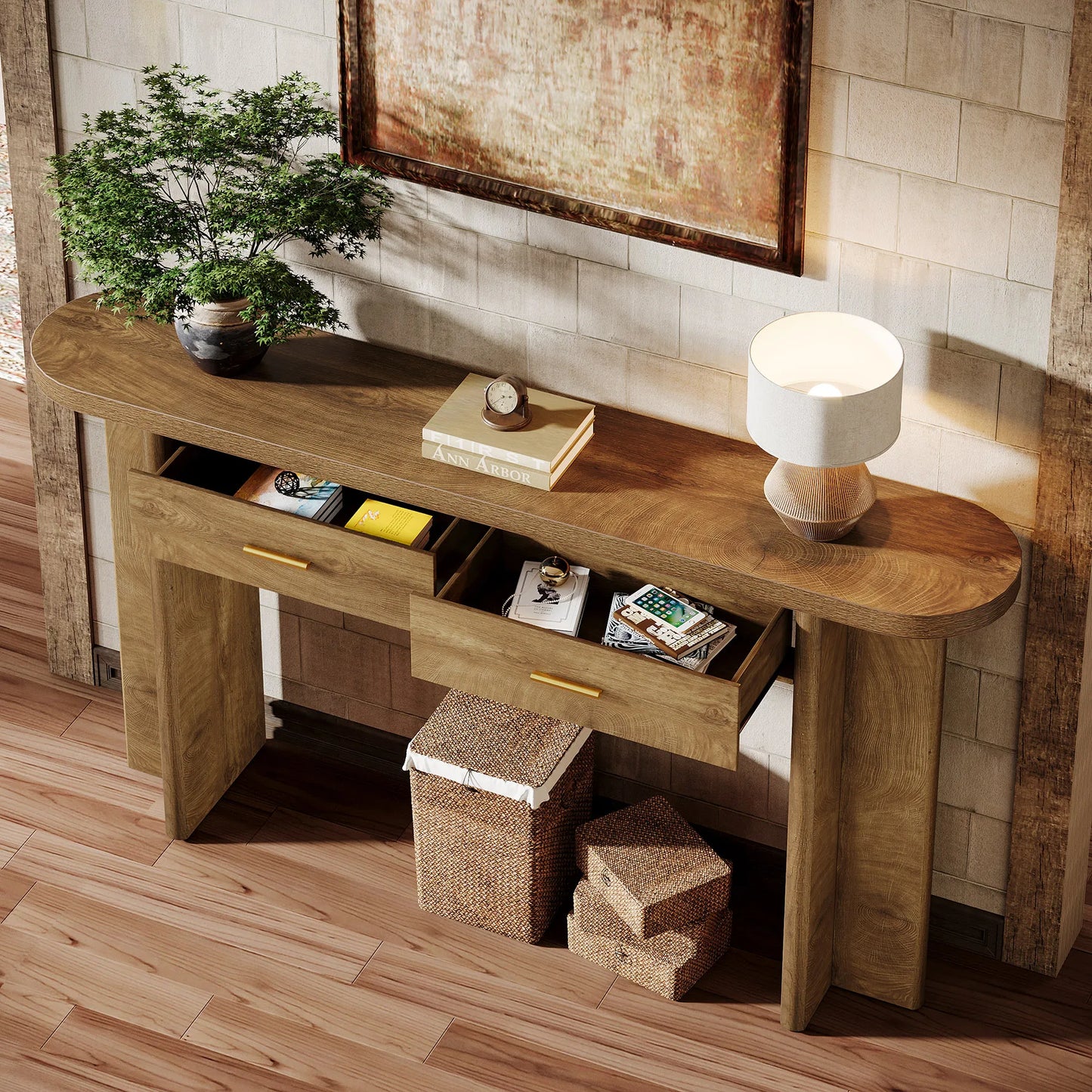 Tribesigns 63-Inch Console Table with 2 Drawers, Farmhouse Oval Curved Entryway Table with Storage for Living Room, Hallway, Entrance, Brown